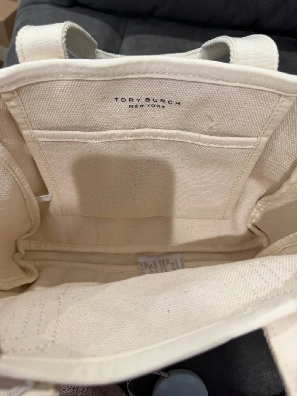 New Tory Burch Cream Canvas Duffel Tote with Navy Logo 12inch by 8inch